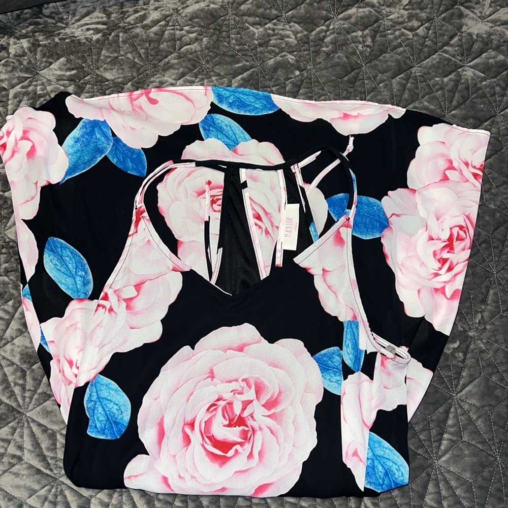 Peach Love Black Pink Floral V-neck Tie Waist Dress NWOT - Picture 7 of 11